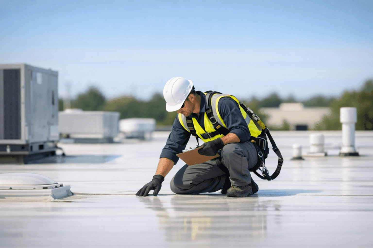 Technician conducting routine inspection on commercial flat roof