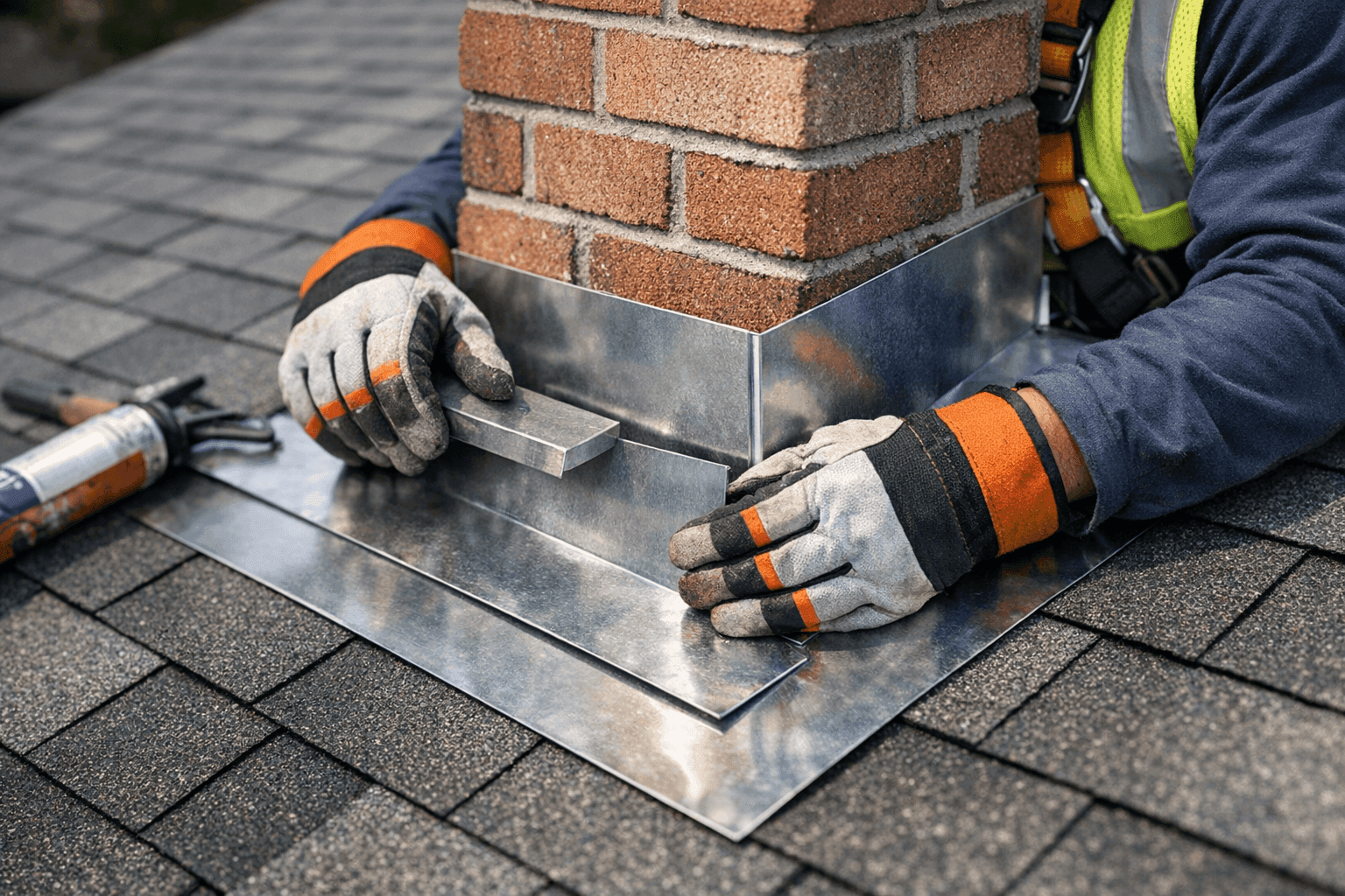 Closeup of technician replacing chimney flashing on shingle roof