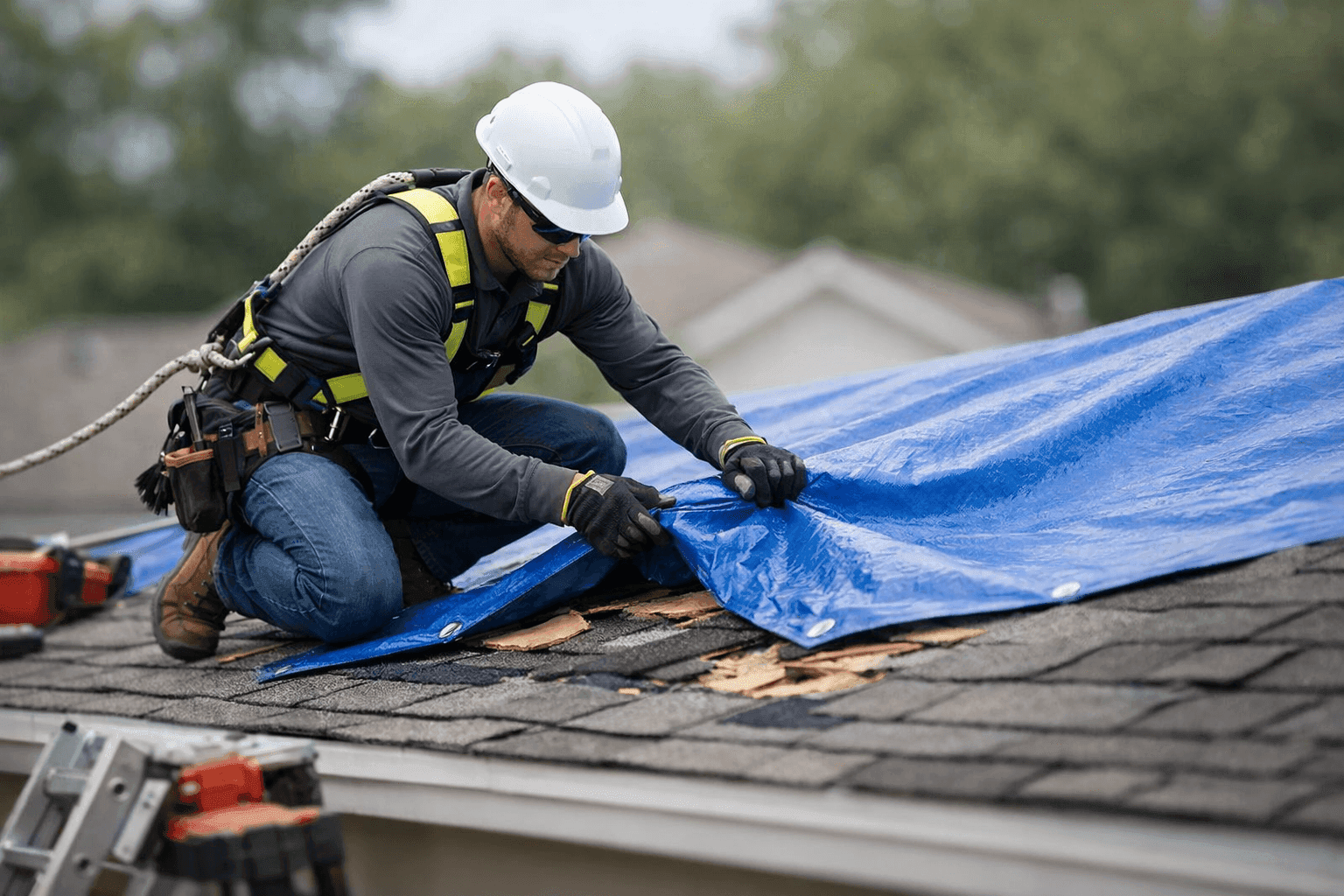 Technician applying emergency tarp to roof damaged by storm