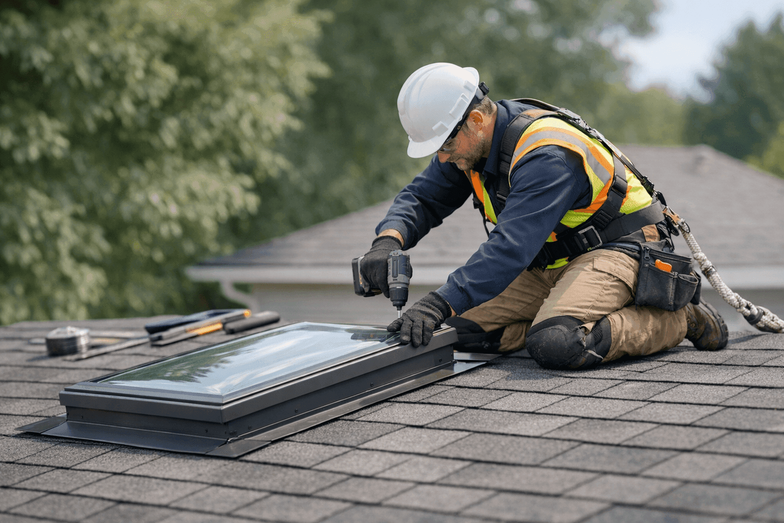 Installer fitting skylight window onto residential roof