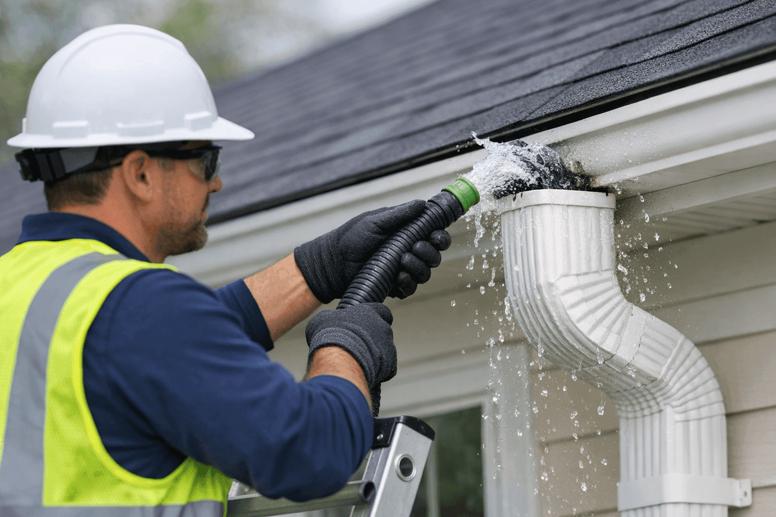 Homeowner unclogging a downspout with hose and gloves
