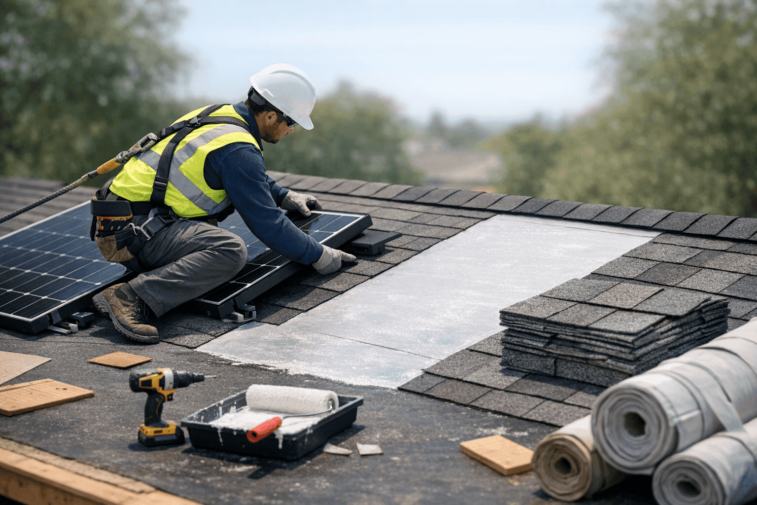 Technician installing eco-friendly roofing materials on home