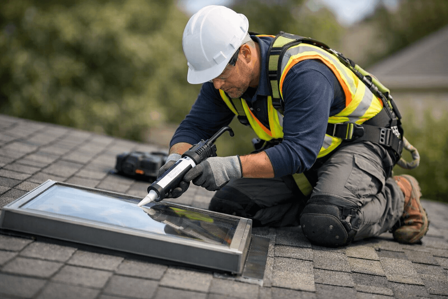 Technician sealing edges of skylight on residential roof