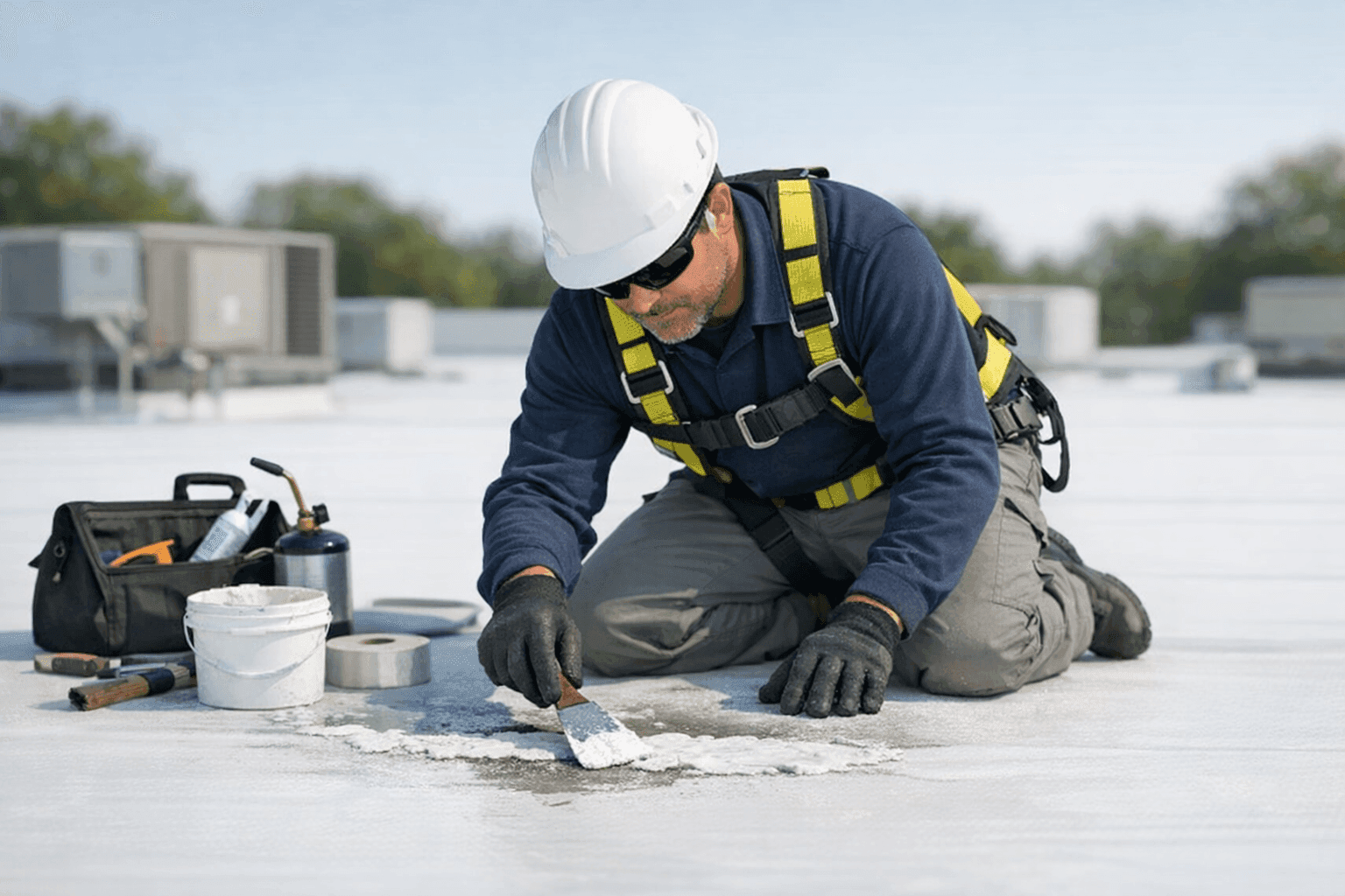 Technician repairing a leak on a flat commercial roof