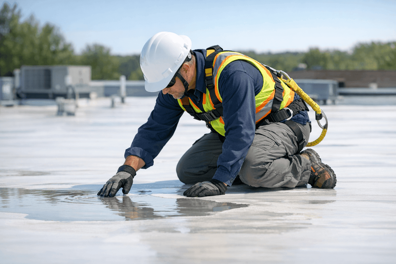 Technician inspecting flat roof membrane for damage and pooling