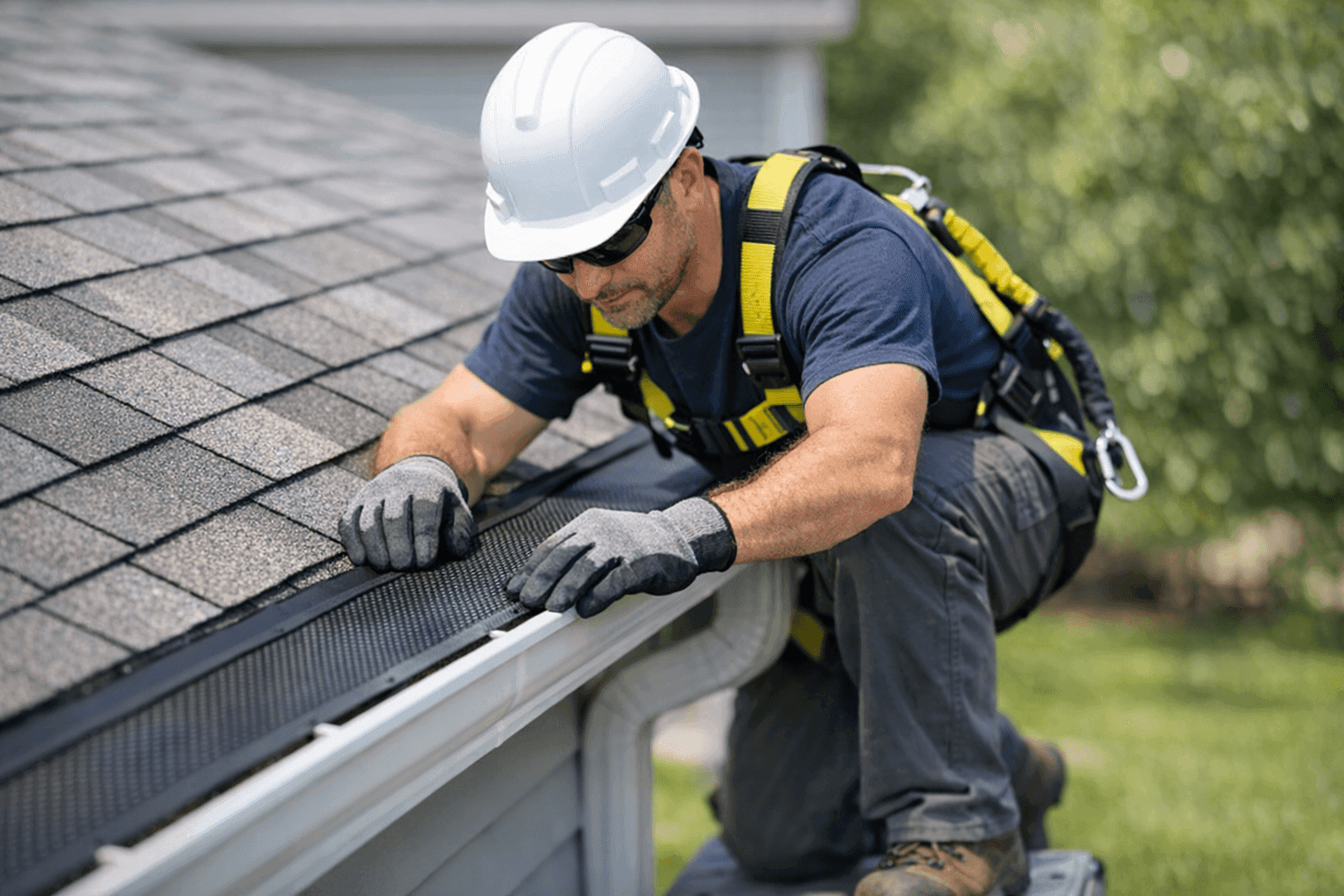 Technician installing mesh gutter guards on residential gutter