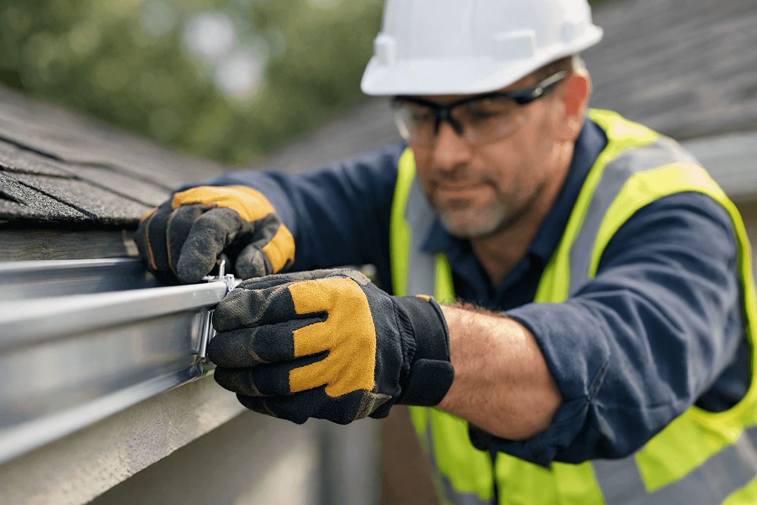 Technician installing new aluminum gutters on house edge