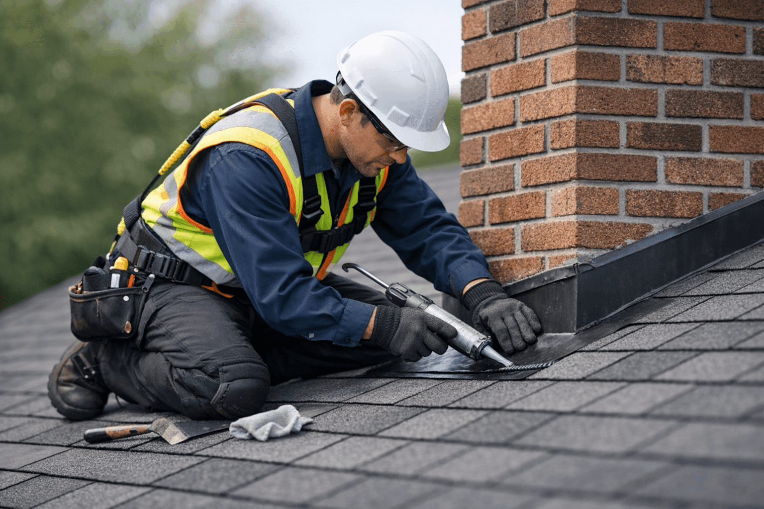Technician inspecting and resealing roof flashing on shingle roof