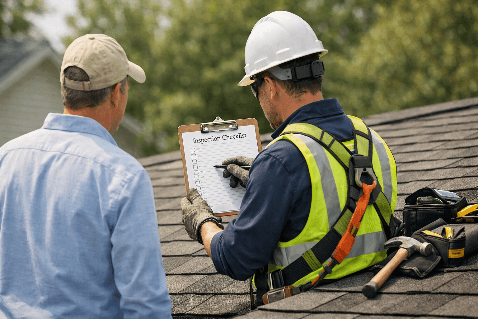Homeowner and technician inspecting roof before home sale