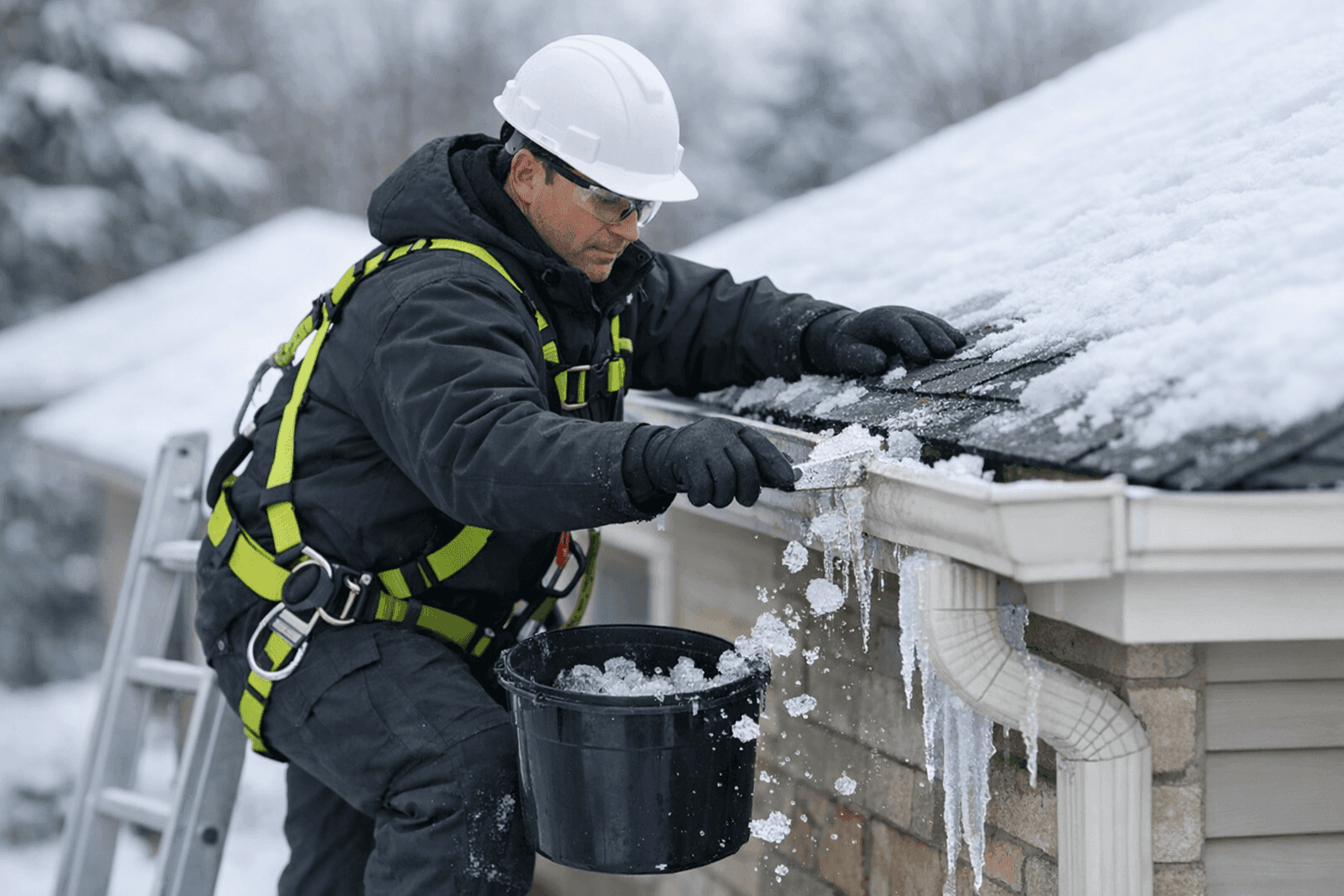 Technician clearing ice from frozen gutters and downspouts