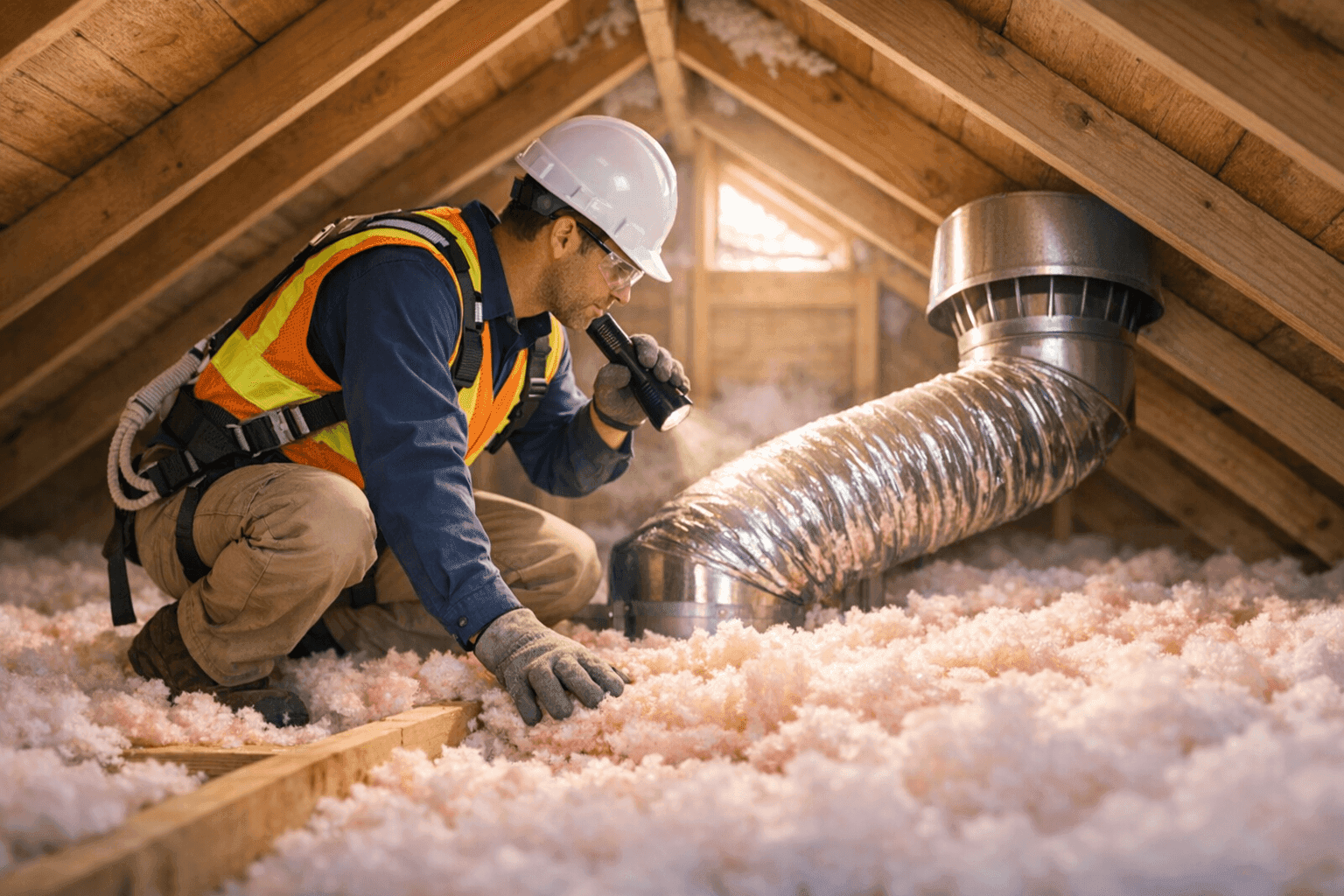 Technician inspecting attic insulation and vents for condensation issues