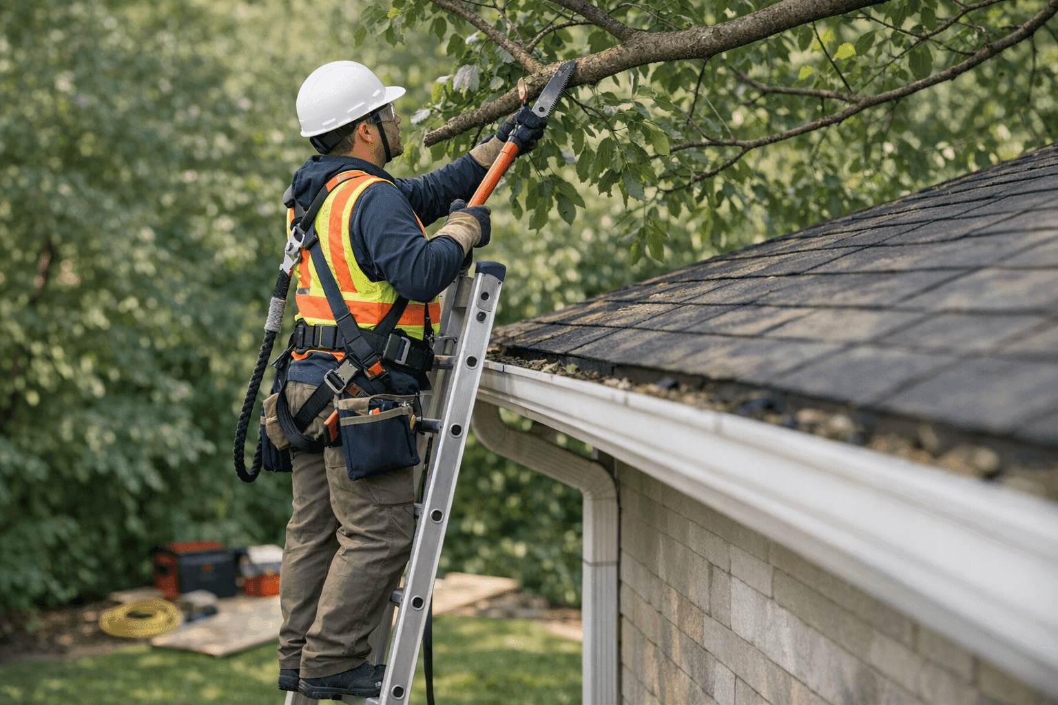 Technician trimming overhanging tree branches near roof