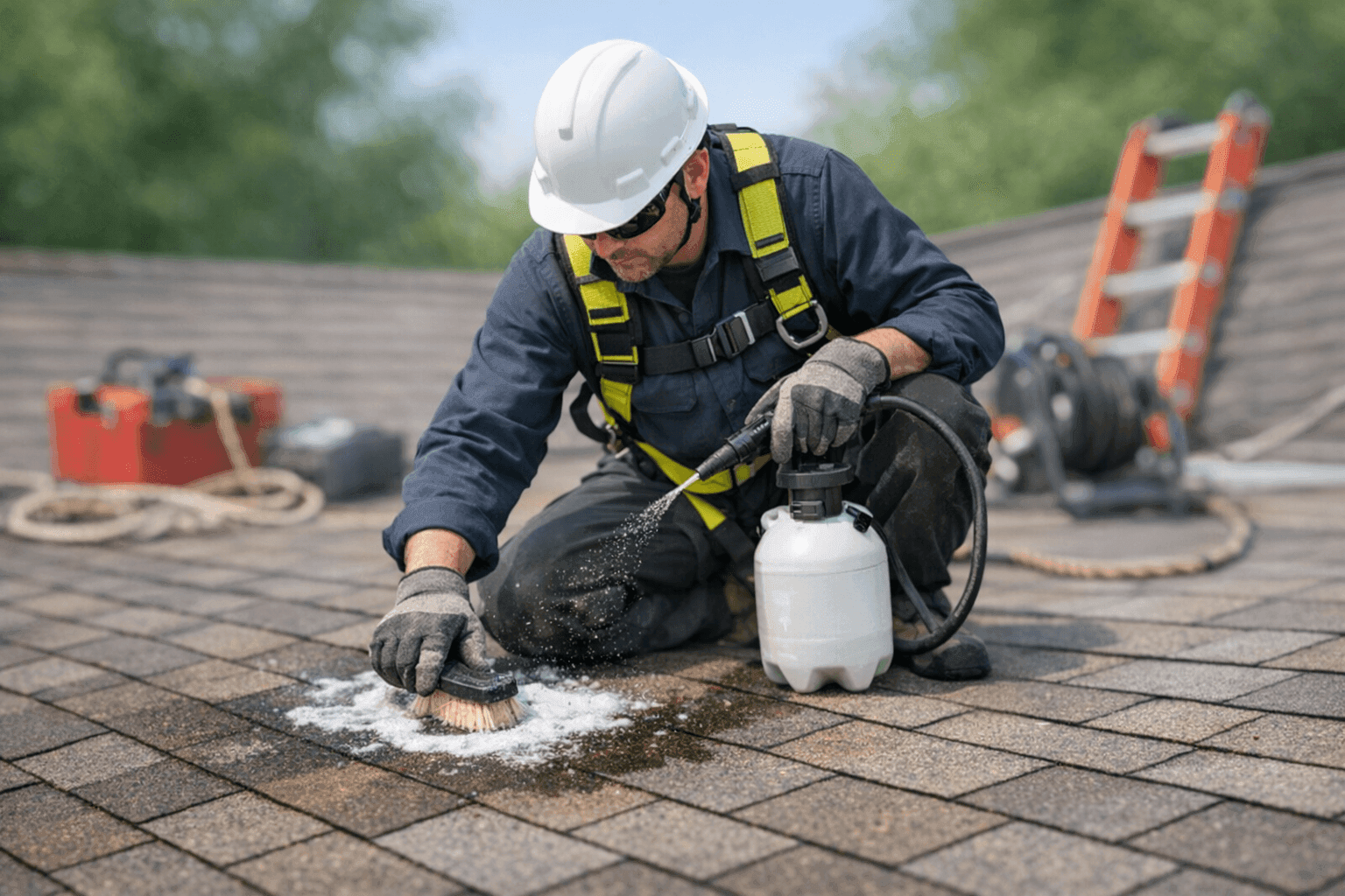 Technician cleaning stains and discoloration from roof surface