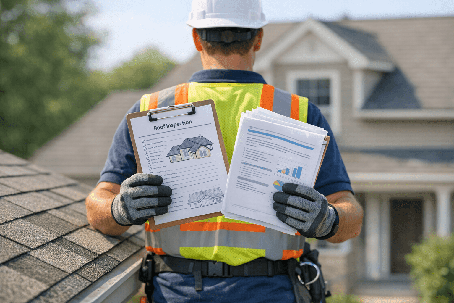 Homeowner reviewing roof inspection report and insurance documents