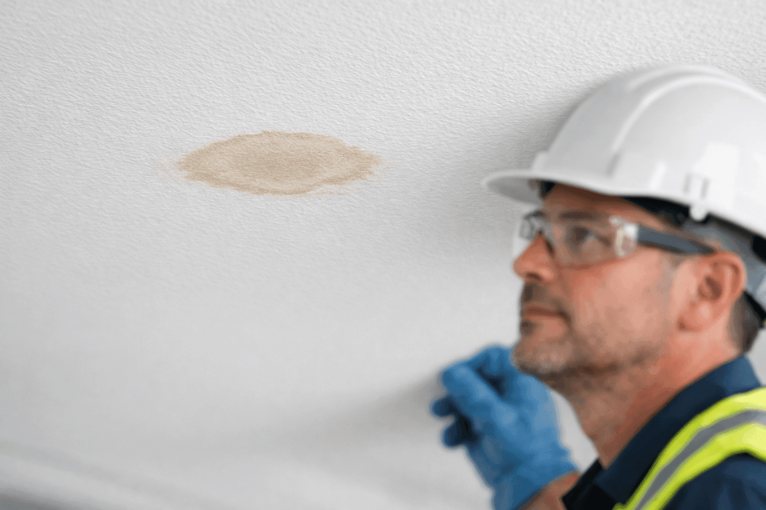 Closeup of small water stain on ceiling beneath roof