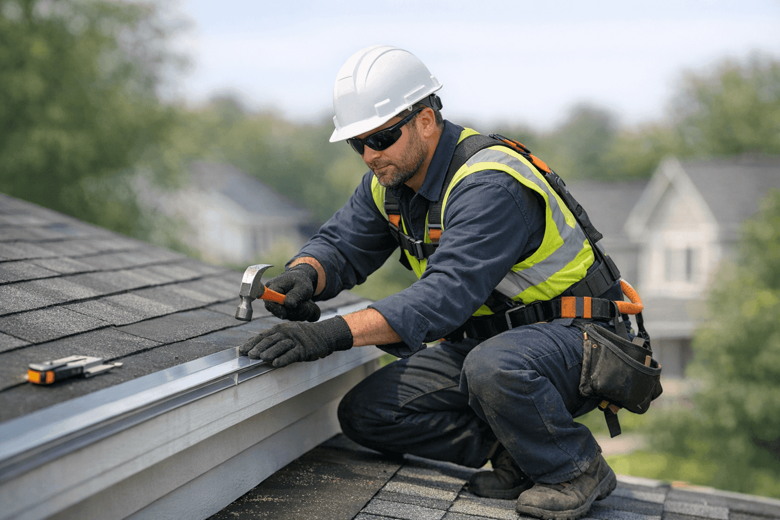 Technician installing drip edge on roof eave for protection