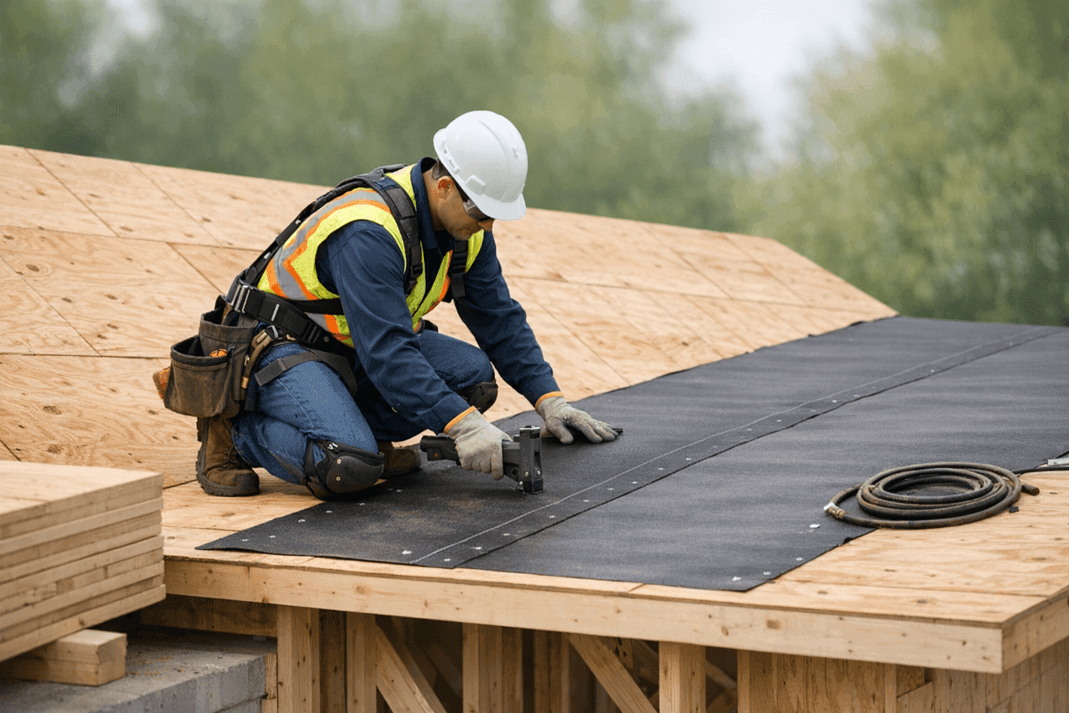 Roofer installing decking and underlayment on new home build