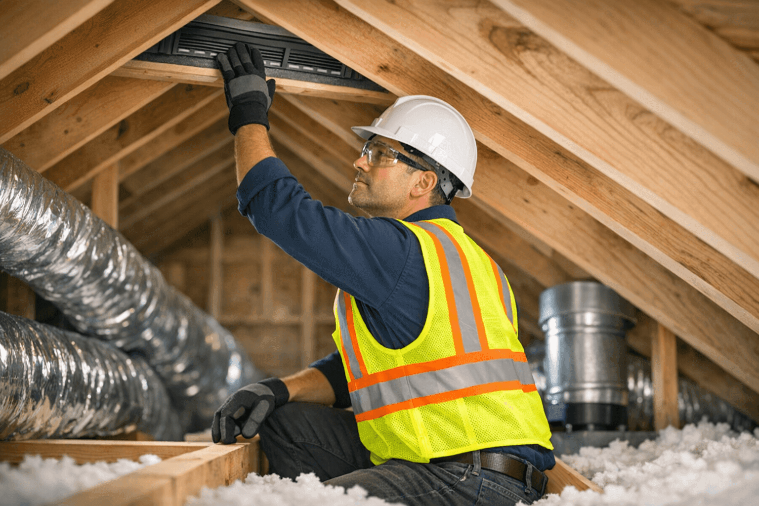 Technician inspecting attic ventilation to prevent roof mold