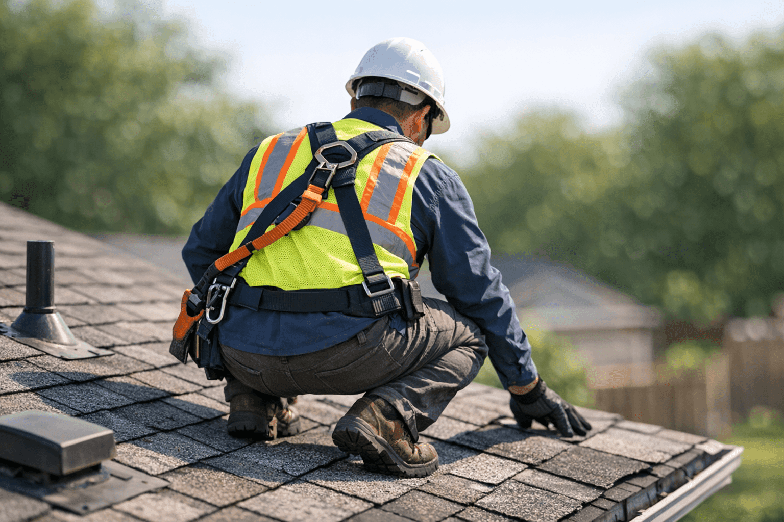 Technician examining aging shingles and roof materials
