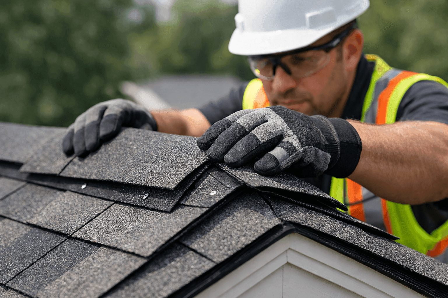 Closeup of ridge cap shingles being installed on roof