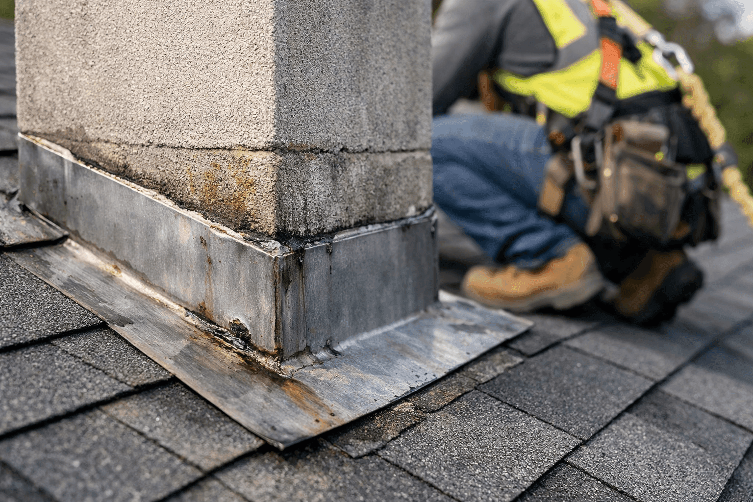 Closeup of roof flashing showing wear and water damage signs