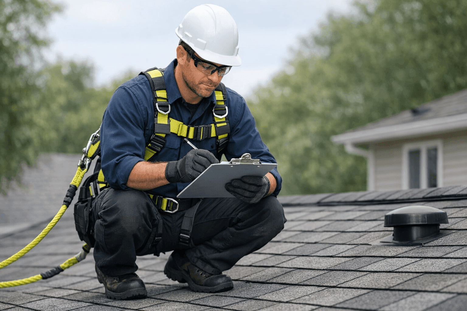 Technician with clipboard performing thorough roof inspection