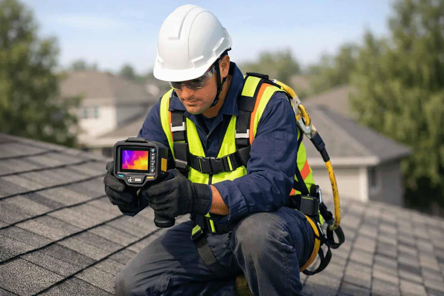 Technician using thermal imaging camera to detect roof leak