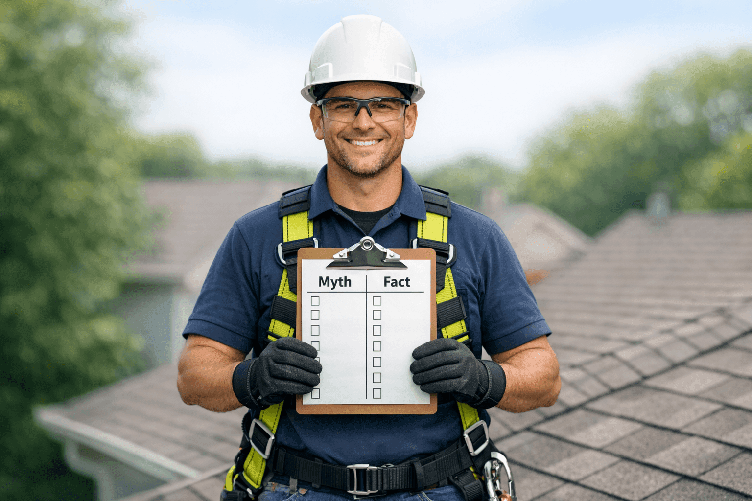 Technician reviewing roof care checklist with myth vs. fact columns