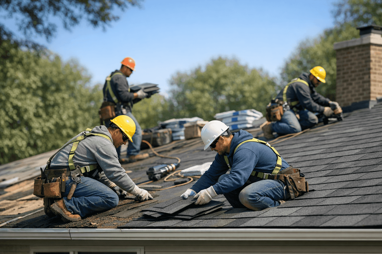 Crew replacing old shingles with new roof materials on house
