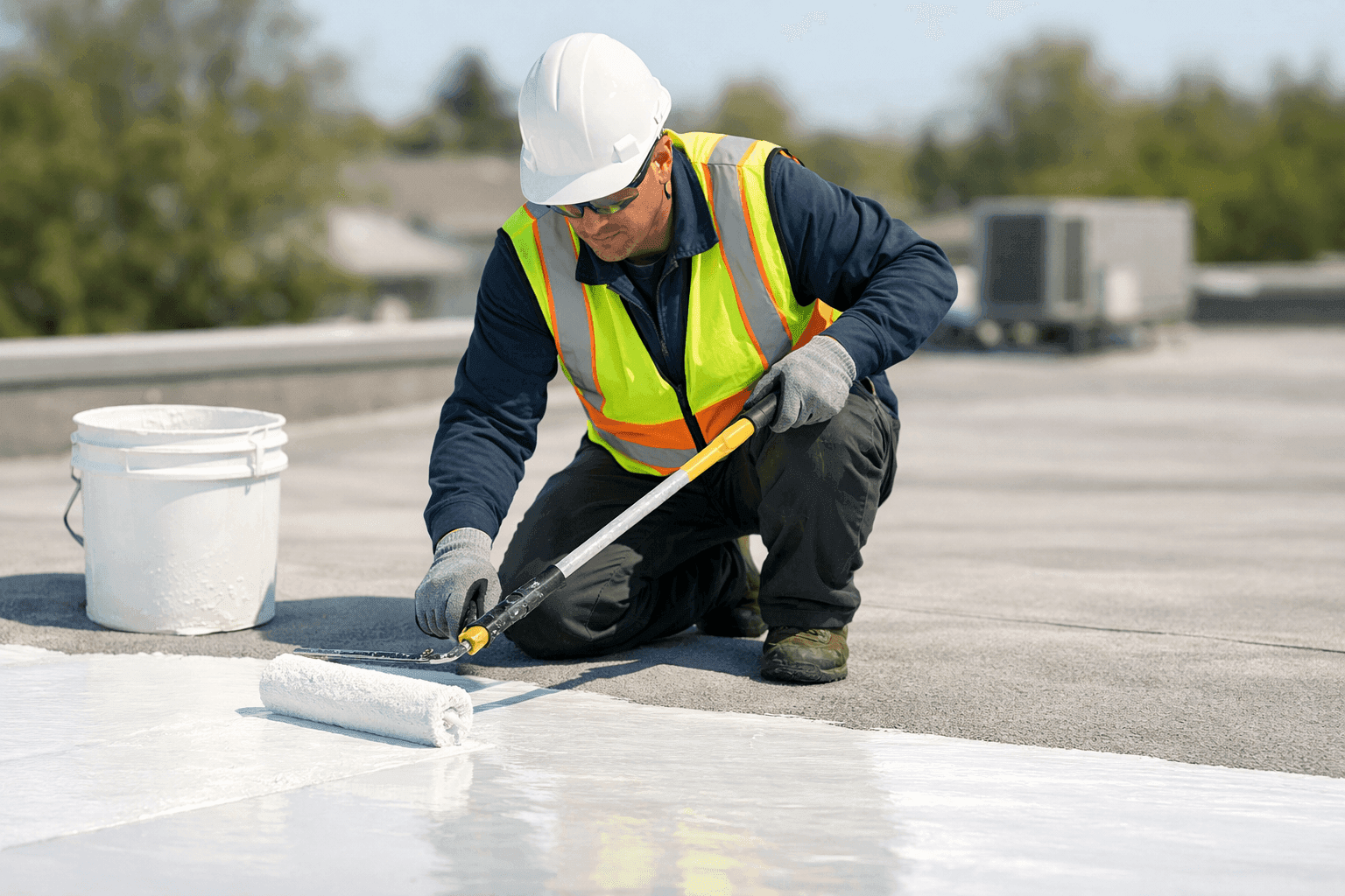 Technician applying white reflective roof coating to flat roof