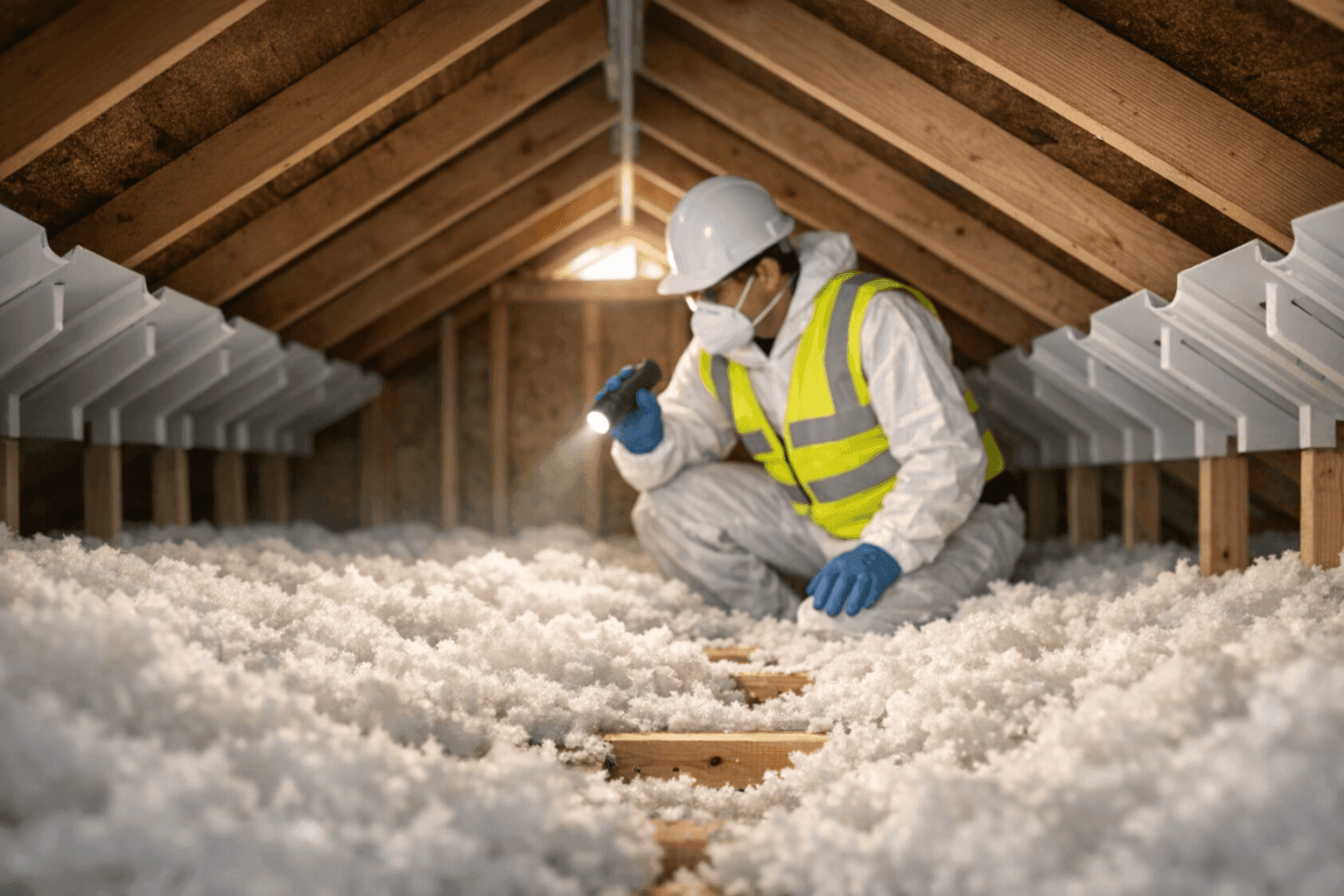 Insulation and ventilation baffles visible in attic under roof