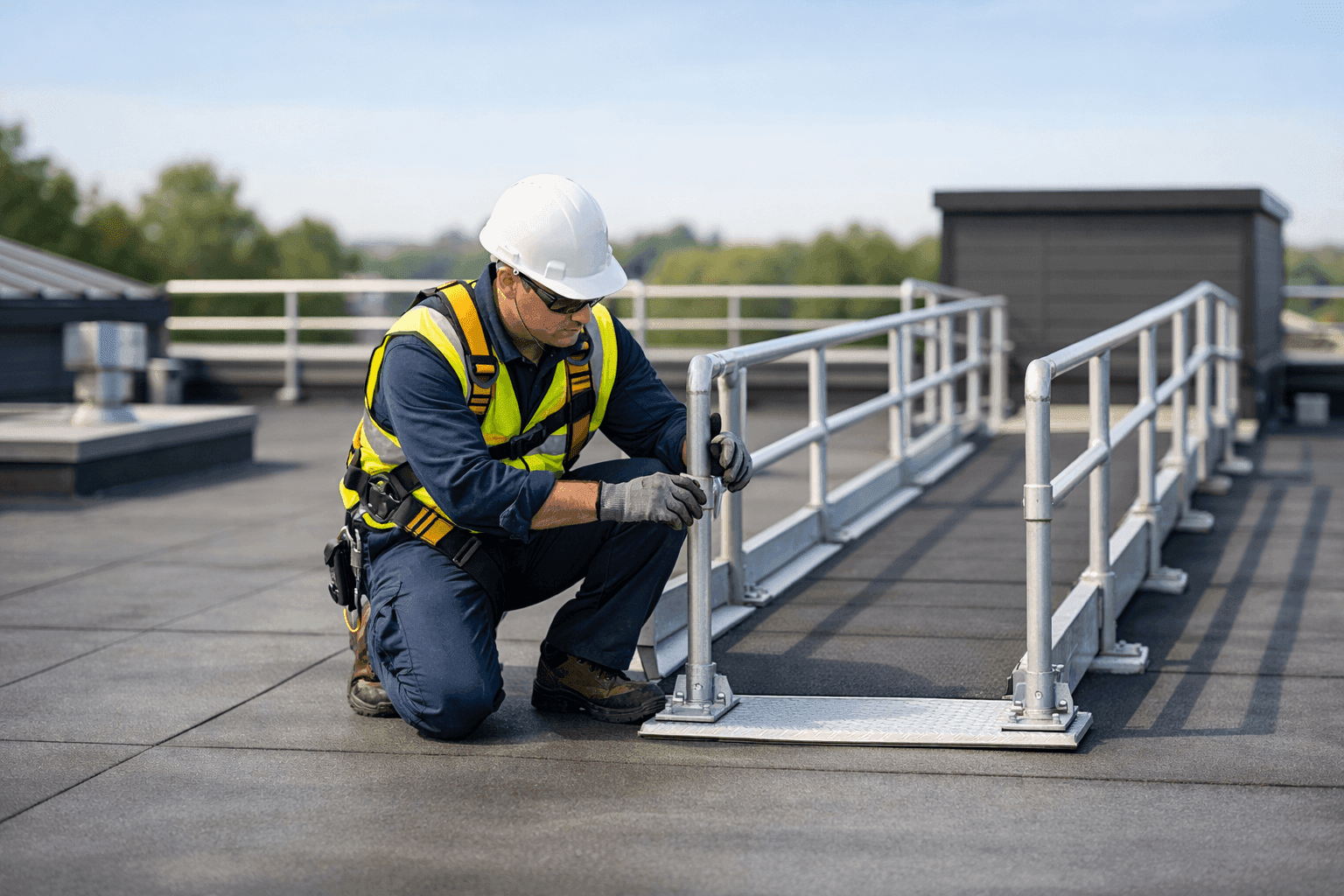 Technician inspecting accessible rooftop features with ramp and railings