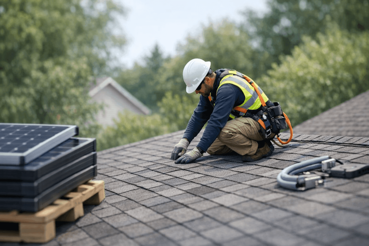 Technician assessing roof structure for solar panel installation