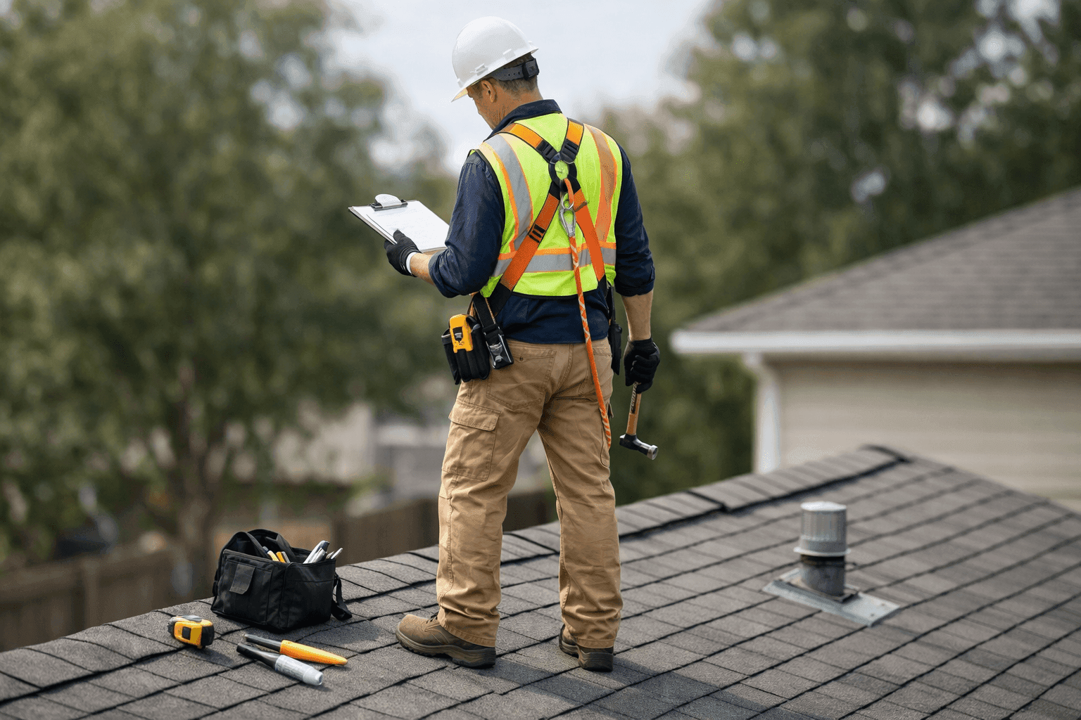 Landlord inspecting rental home roof with basic tools
