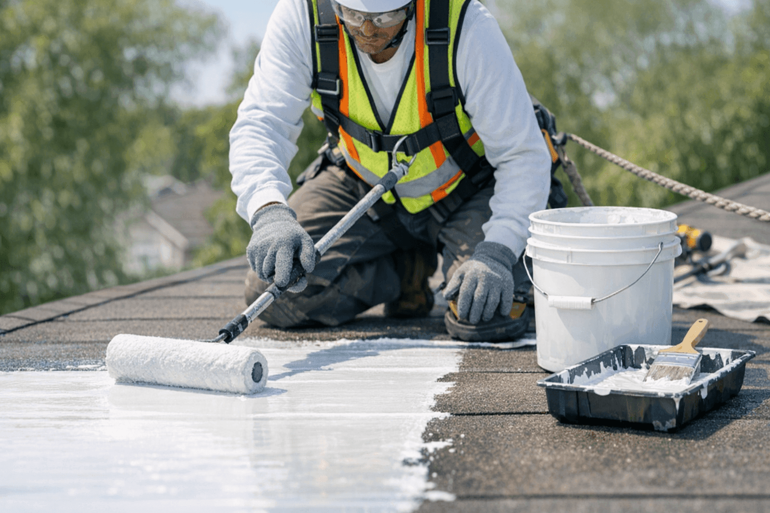 Technician applying reflective coating to roof for energy savings