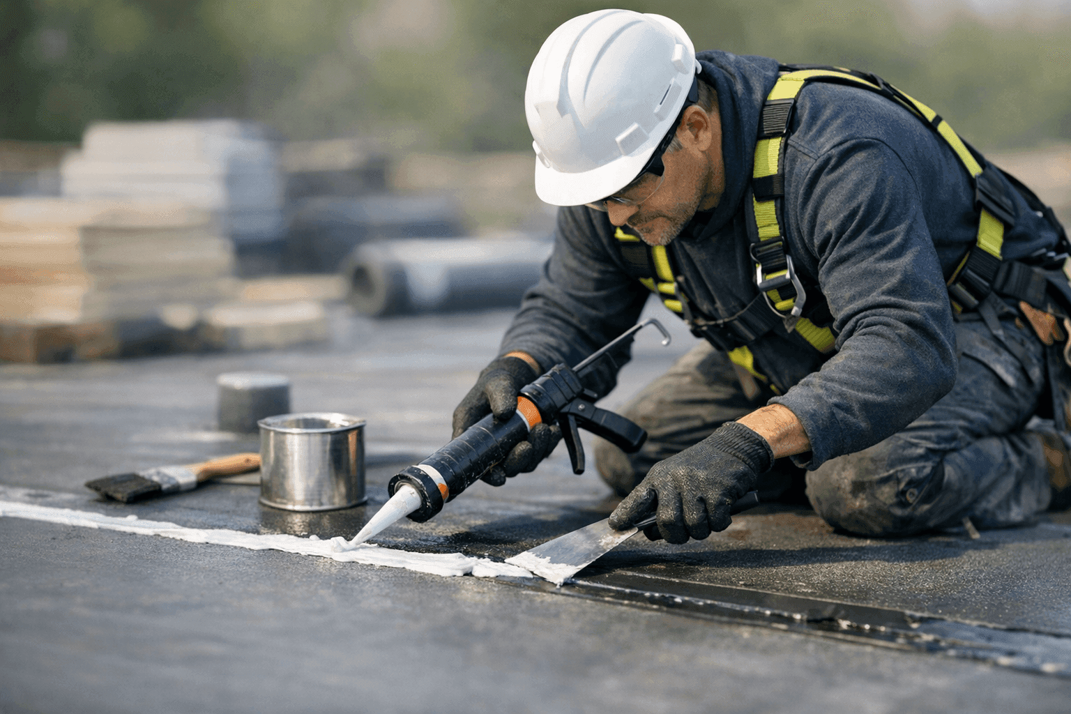 Technician applying waterproof sealant to flat roof deck
