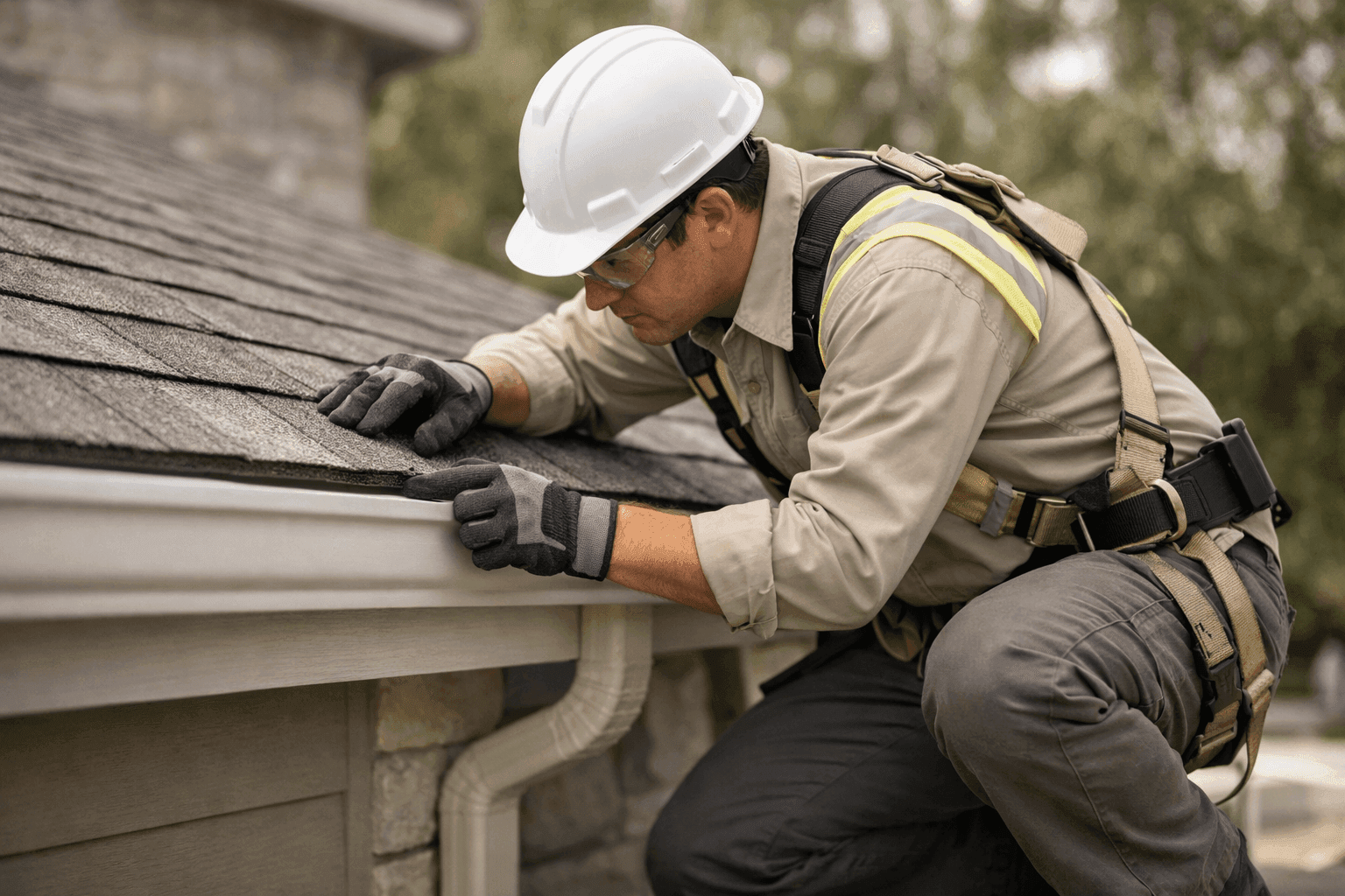 Technician inspecting roof and gutter connection for proper drainage