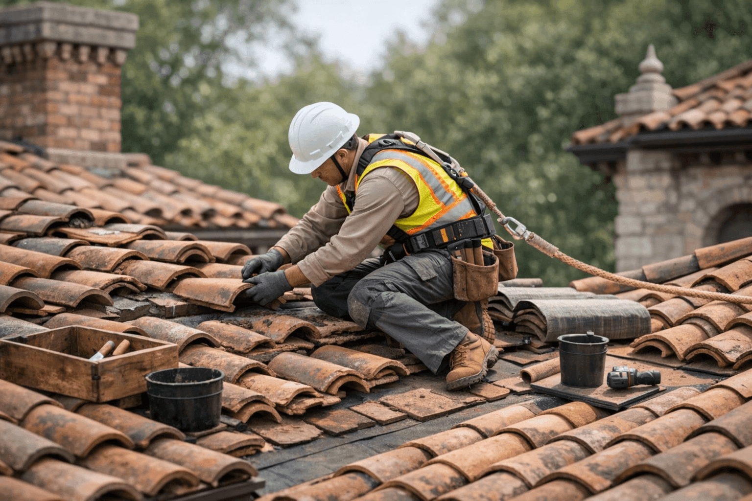 Technician restoring clay tile roof on historic home