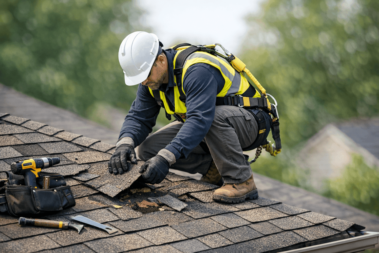 Homeowner documenting roof storm damage for insurance claim