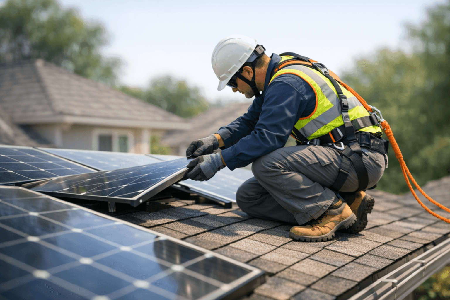 Technician inspecting solar panels and roof for maintenance