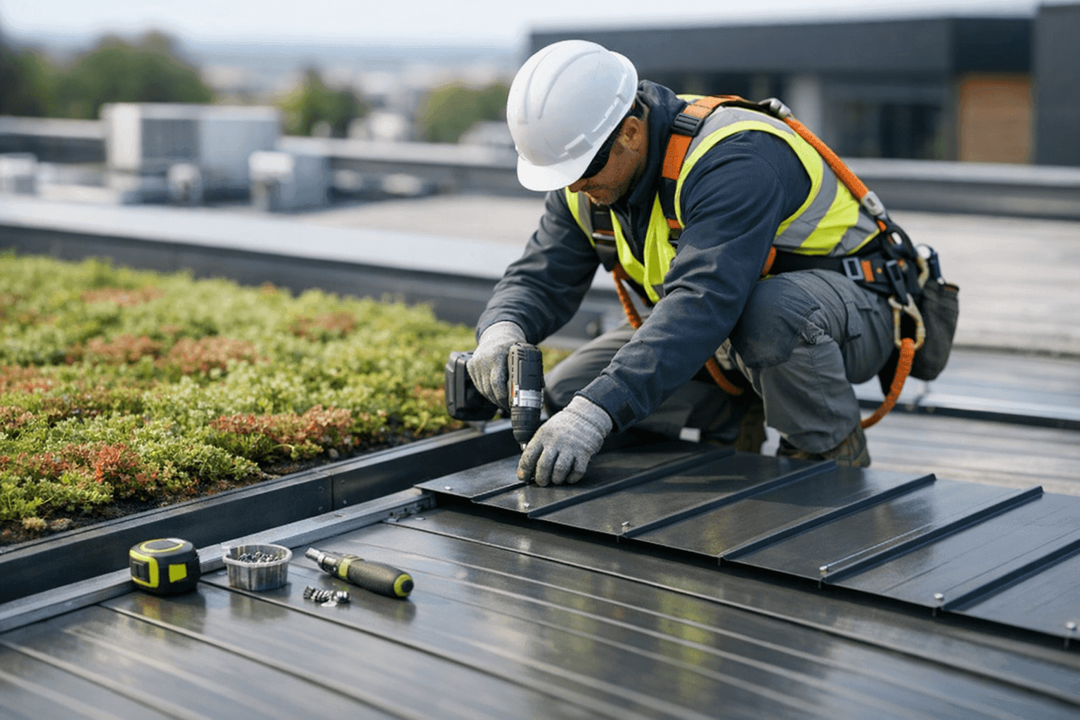 Technician installing metal and green roofing on modern building