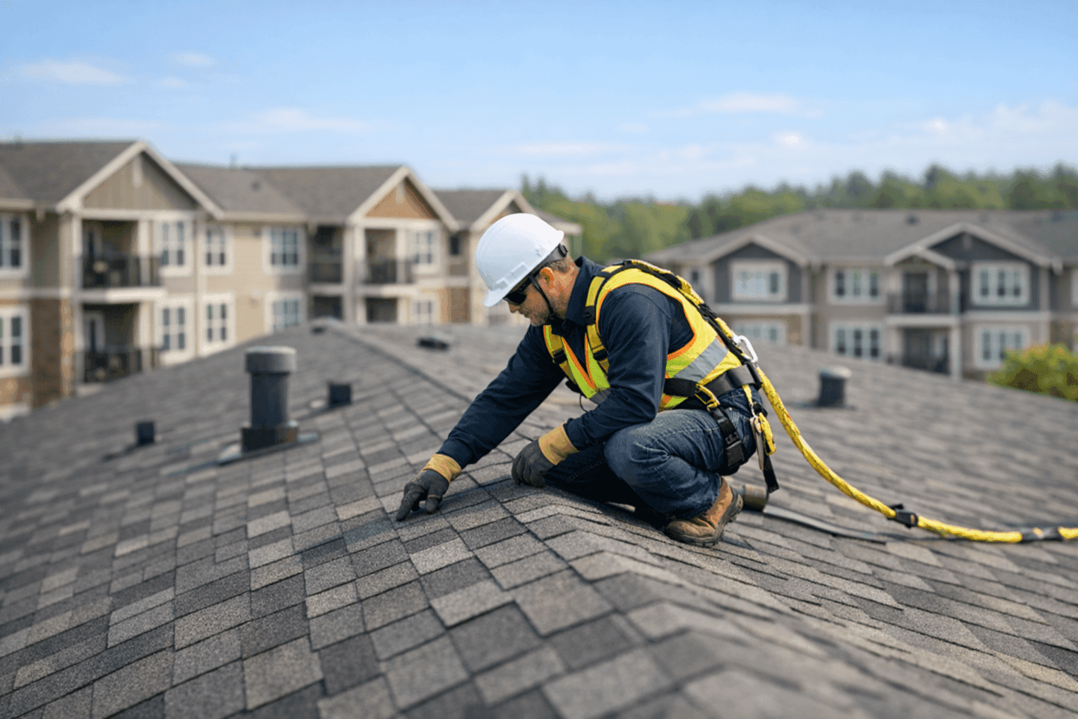 Technician inspecting large multi-family apartment complex roof