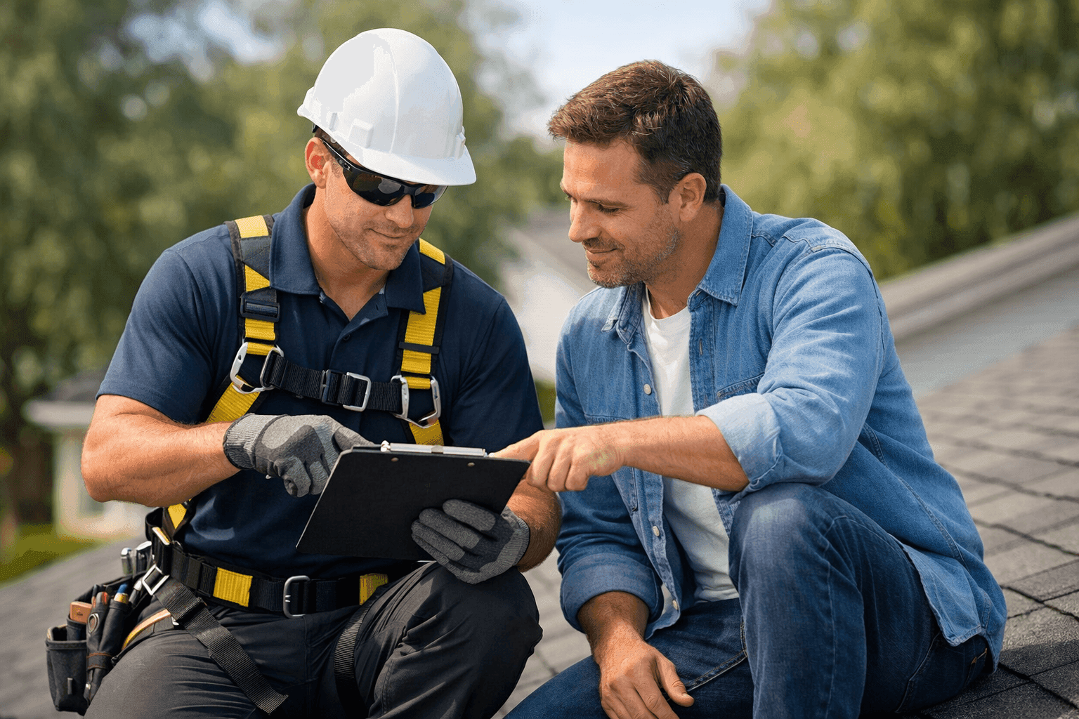 Technician reviewing roof maintenance service plan with homeowner