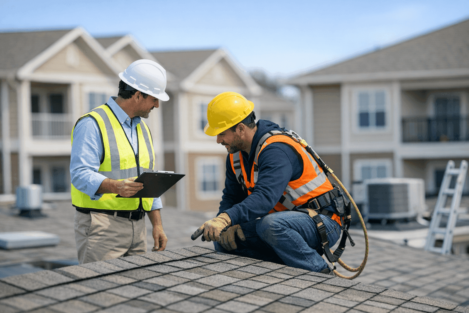 Property manager overseeing technician inspecting apartment complex roof