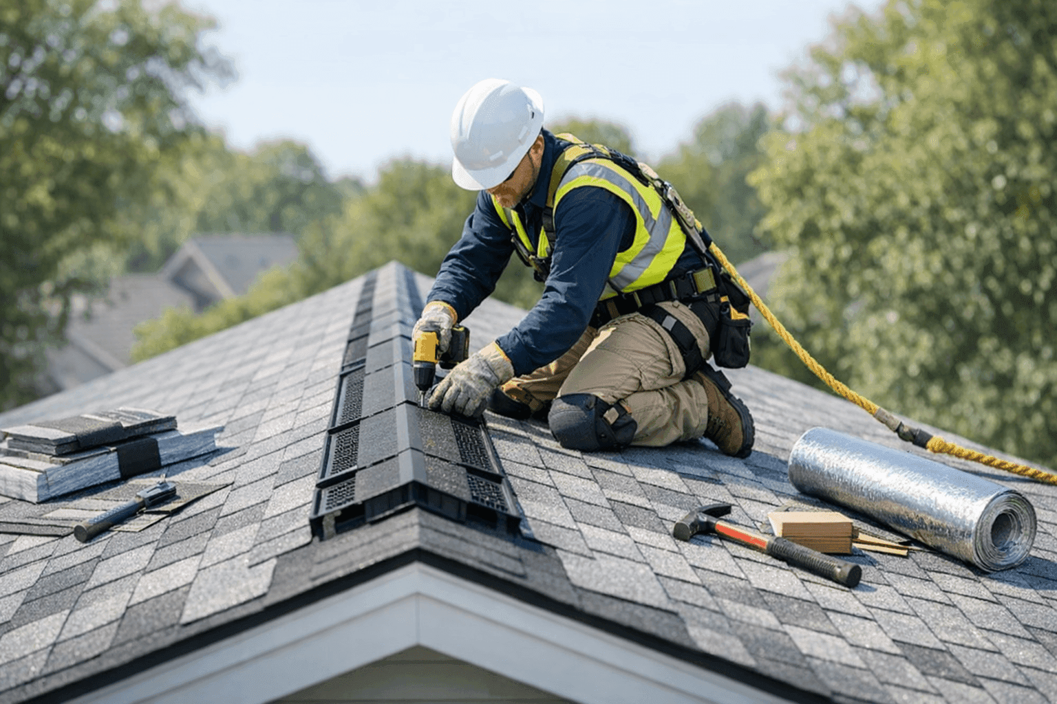 Technician installing modern energy-efficient roof upgrades on home