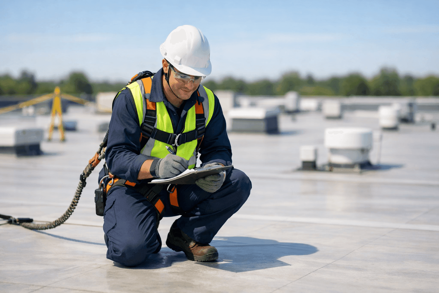 Technician inspecting extensive flat warehouse roof for maintenance