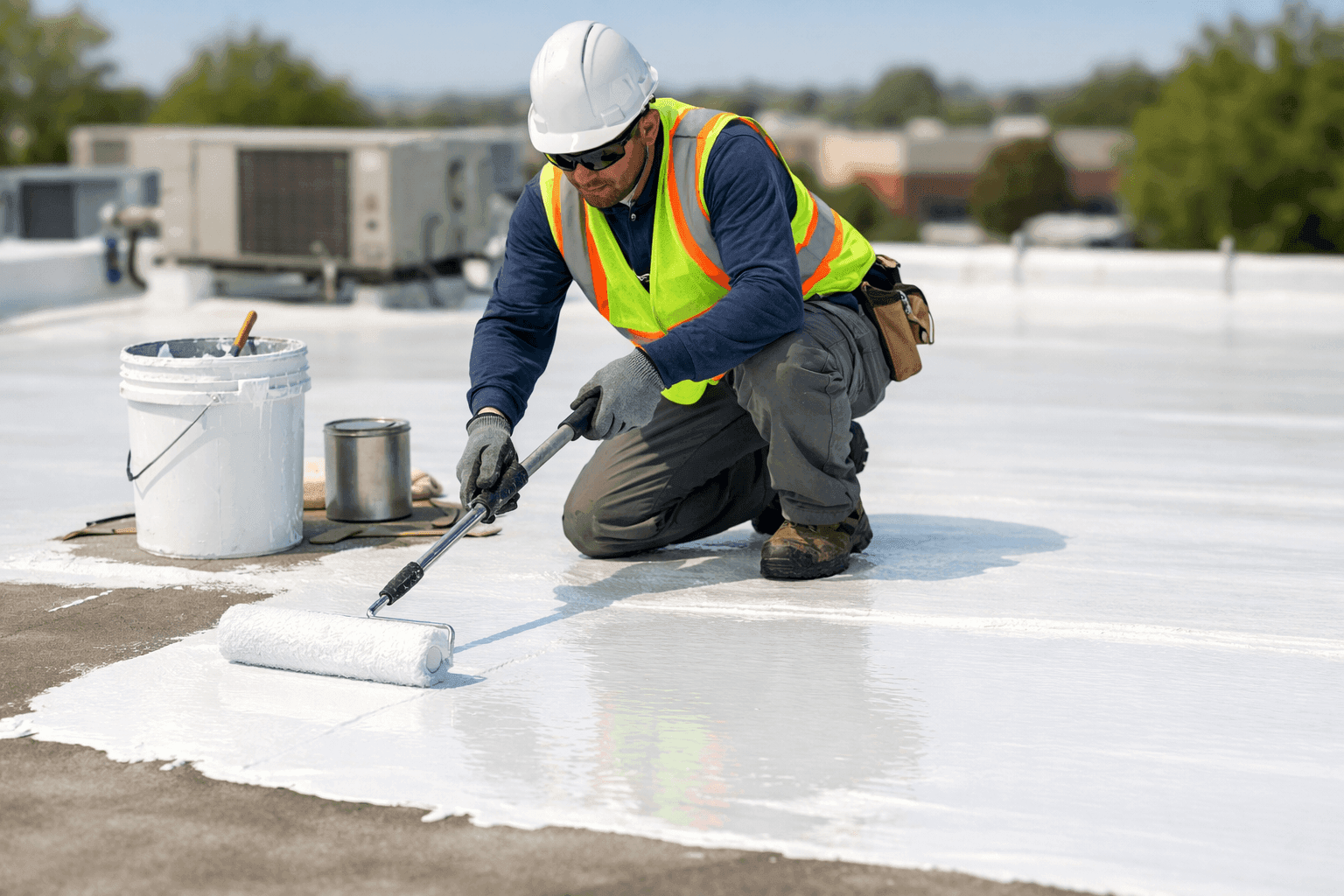 Technician applying reflective white coating to flat roof