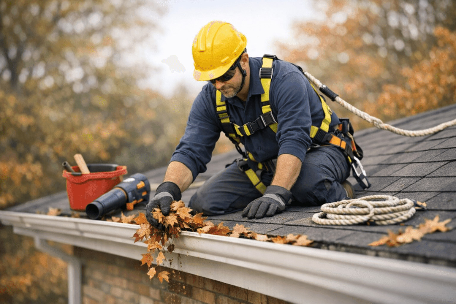 Technician clearing leaves from roof and gutters in autumn