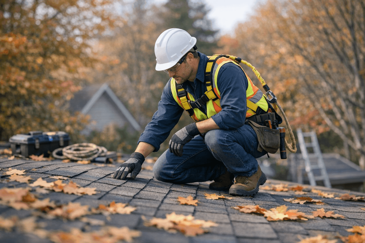 Technician performing seasonal roof inspection in autumn
