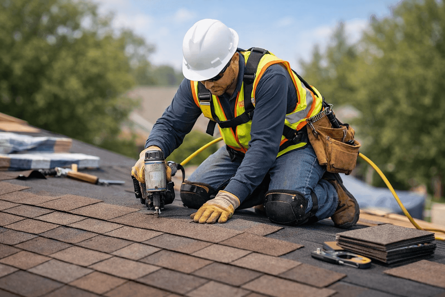 Technician installing asphalt shingles on a pitched roof